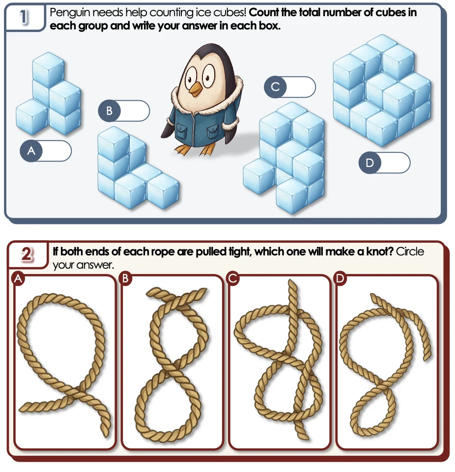 A page from a Gritty Kids workbook: Penguin needs help counting ice cubes, and which rope makes a knot when both ends are pulled tight.