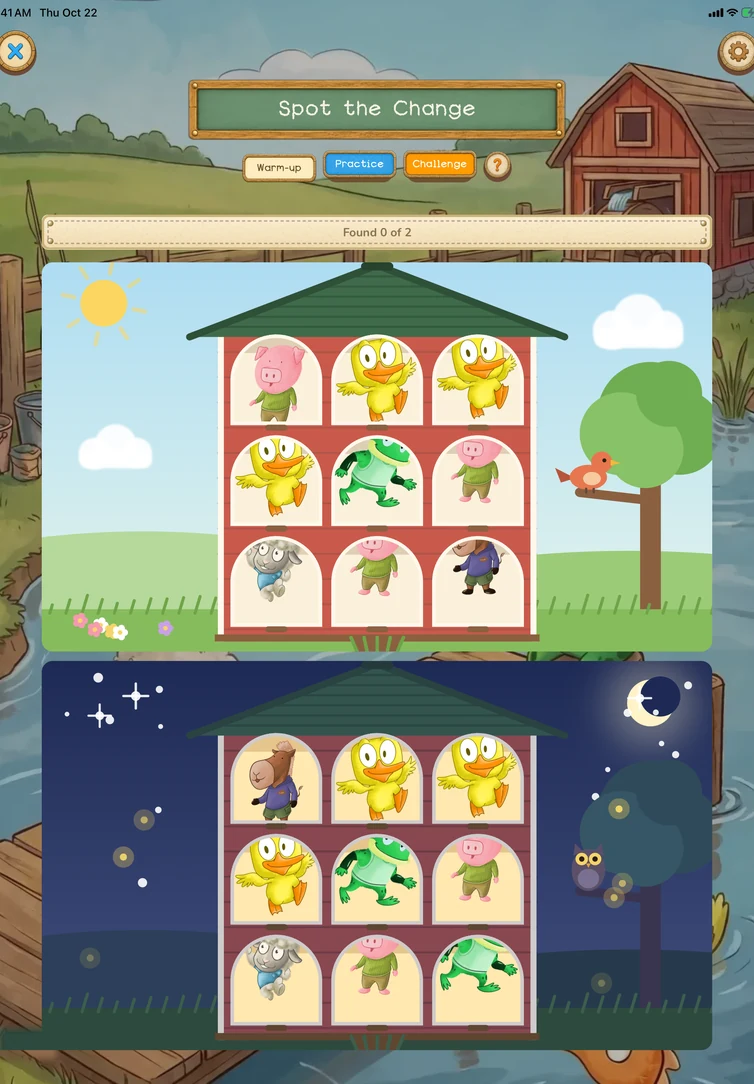 Spot the Change puzzle with a day and night birdhouse at the pond