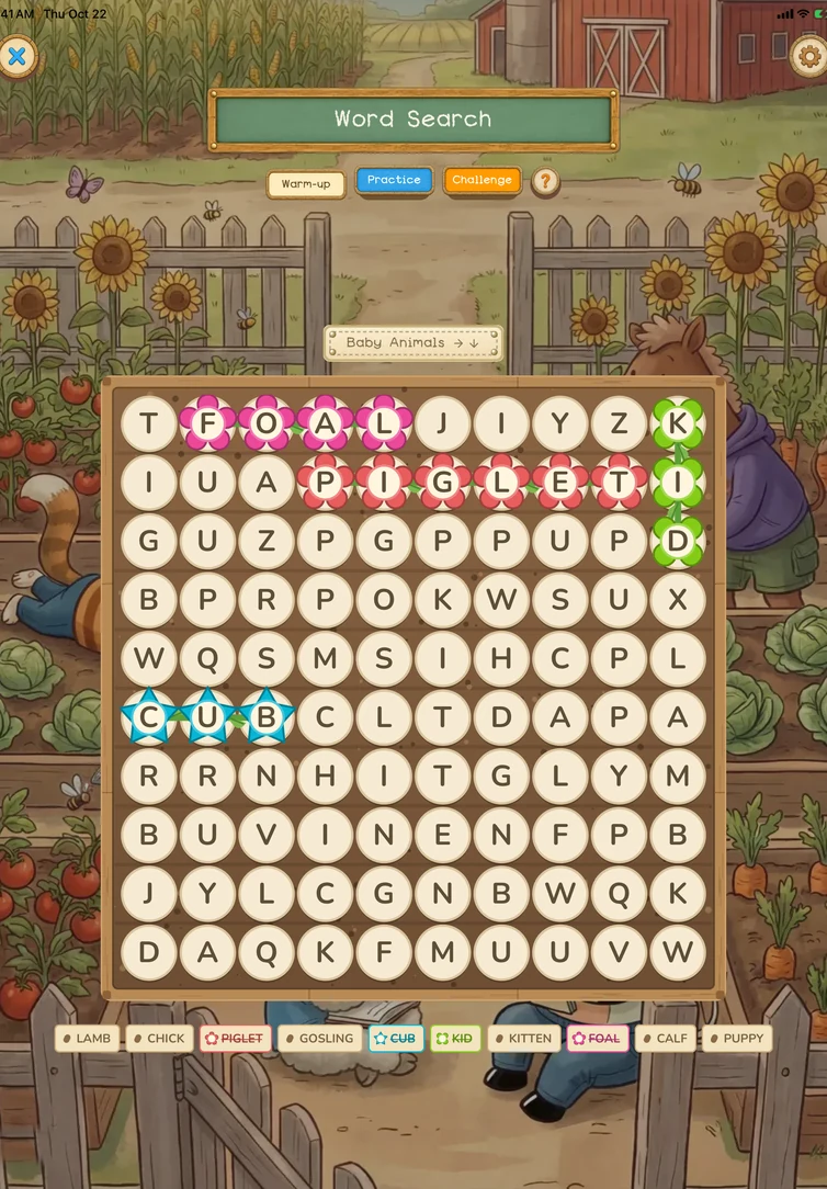 Word Search puzzle with baby animal names in the garden